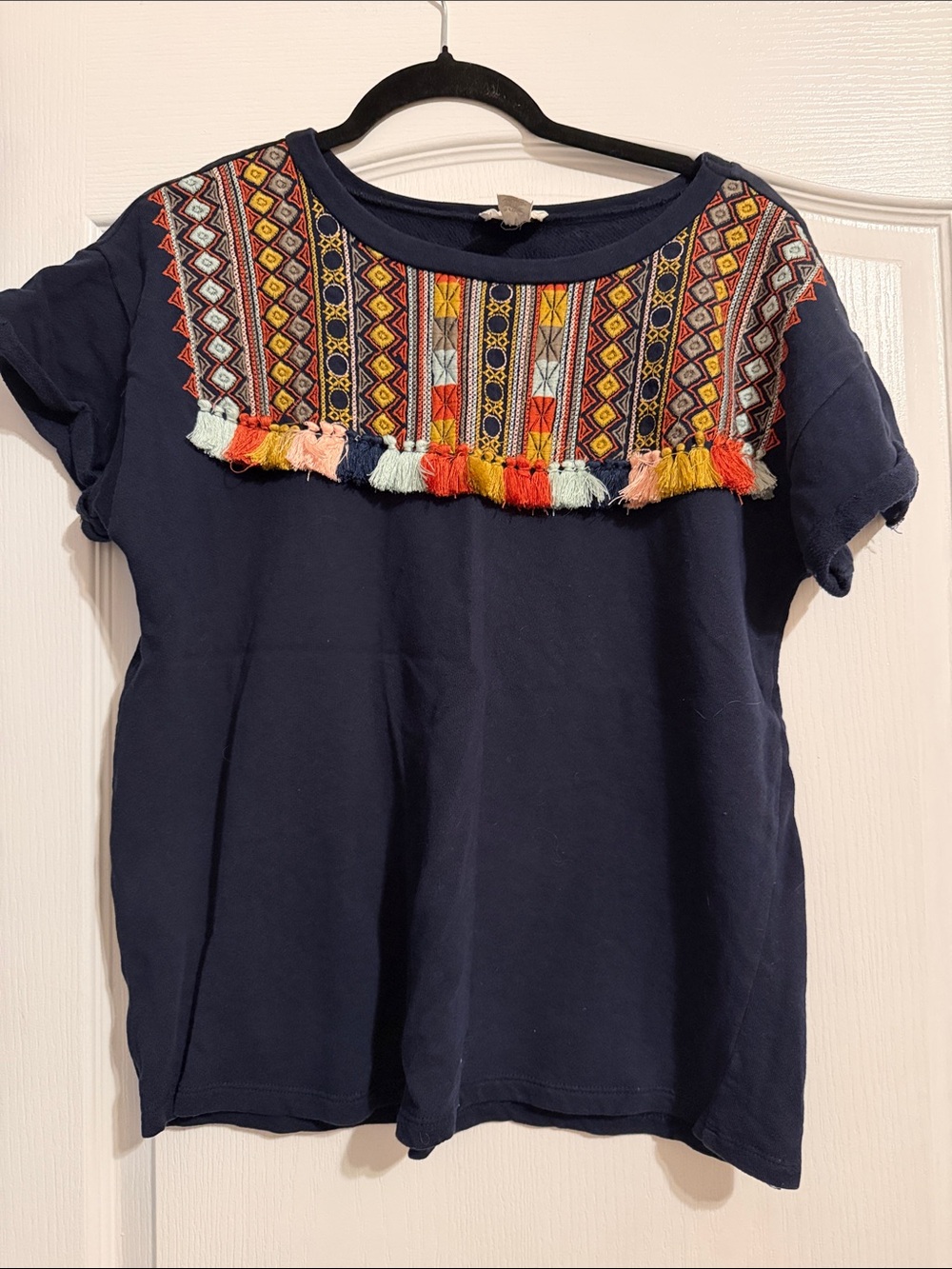 LOFT Navy Short-Sleeve Top with Colorful Embroidered Yoke and Tassels